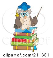 Royalty Free RF Clipart Illustration Of An Owl Teacher Holding A Pointer Stick On A Stack Of Books