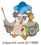 Royalty Free RF Clipart Illustration Of An Owl Teacher Carrying A Pointer Stick And Book