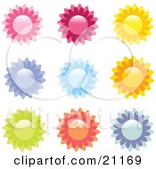 Clipart Illustration Of A Collection Of 9 Pink Red Yellow Purple Blue Orange And Green Flower Icons On A White Background by elaineitalia