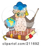 Royalty Free RF Clipart Illustration Of An Owl Teacher Holding A Globe And Standing On A Book