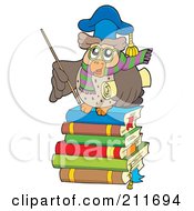 Poster, Art Print Of Owl Teacher Holding A Stick And Diploma And Standing On A Stack Of Books