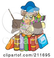 Poster, Art Print Of Owl Teacher Holding A Stick And Diploma And Standing On A Row Of Books