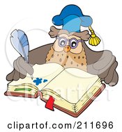 Royalty Free RF Clipart Illustration Of An Owl Teacher Writing In An Open Book by visekart
