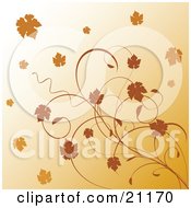 Poster, Art Print Of Autumn Leaves And Vines Over A Gradient Orange Background