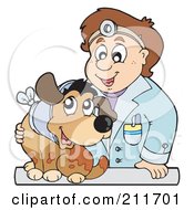 Poster, Art Print Of Friendly Male Veterinarian Man Tending To A Dog With A Hurt Neck