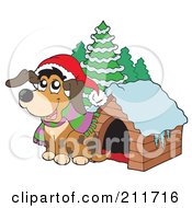 Cute Christmas Dog Sitting By His House