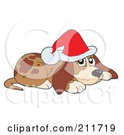 Royalty Free RF Clipart Illustration Of A Christmas Dog Wearing A Santa Hat And Resting