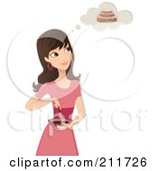Poster, Art Print Of Pretty Woman In A Pink Dress Mixing Ingredients In A Bowl And Imagining Her Cake