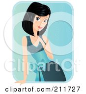 Black Haired Woman In A Teal Dress Leaning And Touching Her Hair