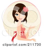 Poster, Art Print Of Pretty Brunette Woman Wearing A Rose In Her Hair And Gesturing Over A Circle