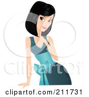 Poster, Art Print Of Pretty Black Haired Woman In A Teal Dress Touching Her Hair And Leaning On A Table