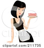 Pretty Black Haired Woman In An Apron Holding A Cake In Hand