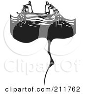 Royalty Free RF Clipart Illustration Of A Black And White Woodcut Scene Of Two Men Pulling In Fishing Nets On A Boat by xunantunich