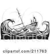 Royalty Free RF Clipart Illustration Of A Black And White Woodcut Scene Of People At The Tip Of A Sinking Ship by xunantunich #COLLC211763-0119