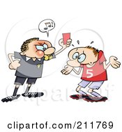 Angry Referee Toon Guy Holding Up A Red Penalty Card At A Shrugging Soccer Player