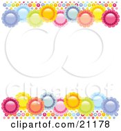 Poster, Art Print Of Purple Blue Green Orange Pink And Yellow Flowers On The Top And Bottom Of A White Background