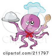 Poster, Art Print Of Purple Octopus Chef Holding A Platter And Spoon