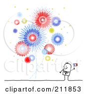 Poster, Art Print Of Stick Man Waving A Flag And Watching Fireworks