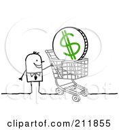 Royalty Free RF Clipart Illustration Of A Stick Businessman With A Dollar Coin In A Shopping Cart by NL shop