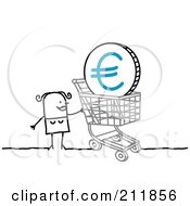 Poster, Art Print Of Stick Woman Pushing A Euro Coin In A Shopping Cart