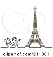 Poster, Art Print Of Stick Tourist Couple Admiring The Eiffel Tower