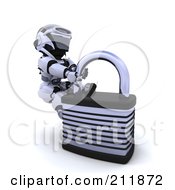 Poster, Art Print Of 3d Silver Robot Pulling On A Padlock