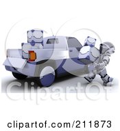 Poster, Art Print Of 3d Silver Robot Loading 3d Metal Boxes Into A Truck
