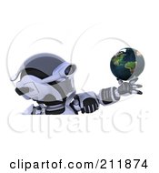Poster, Art Print Of 3d Silver Robot Holding Out A Globe In His Hand