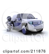 3d Silver Robot Standing By A Delivery Truck