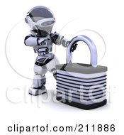 Poster, Art Print Of 3d Silver Robot Holding On To A Padlock