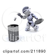 Poster, Art Print Of 3d Silver Robot Tossing A Tin Can Into A Trash Bin