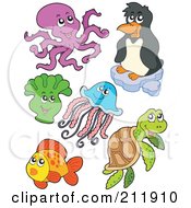 Poster, Art Print Of Digital Collage Of An Octopus Penguin Anemone Jellyfish Sea Turtle And Fish