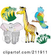Poster, Art Print Of Digital Collage Of Palm Trees Elephant Giraffe And Parrot