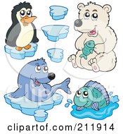 Poster, Art Print Of Digital Collage Of A Cute Penguin Polar Bear Seal Fish And Ice