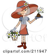 Senior Lady In A Hat With Flowers In A Basket And A Flower In Her Hand