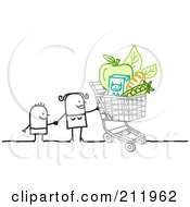 Stick Woman Holding Hands With Her Kid And Grocery Shopping
