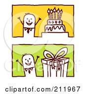 Poster, Art Print Of Digital Collage Of Stick Business Men With A Birthday Cake And Present