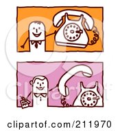 Royalty Free RF Clipart Illustration Of A Digital Collage Of A Stick Business Man And Woman With Phones