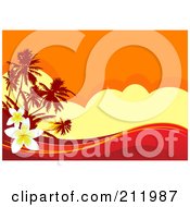 Hot Tropical Sunset Background With Red Waves And Plumeria Flowers