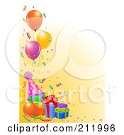 Poster, Art Print Of Border Of Birthday Balloons Presents Confetti And A Party Hat On Orange