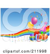 Poster, Art Print Of Rainbow With Birthday Presents Balloons And Confetti Over Blue