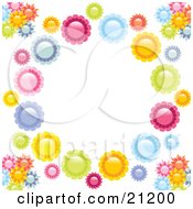 Poster, Art Print Of Pink Blue Orange Yellow And Green Flowers Creating A Circle Over A White Background