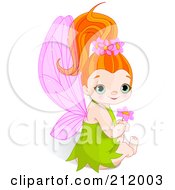 Poster, Art Print Of Cute Fairy Girl In A Green Dress Sitting With A Pink Flower