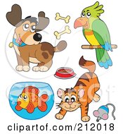 Royalty Free RF Clipart Illustration Of A Digital Collage Of A Happy Dog Parrot Cat And Fish by visekart