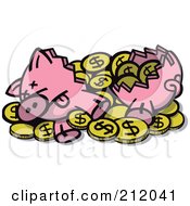 Royalty Free RF Clipart Illustration Of A Crushed Piggy Bank With Dollar Coins by Zooco #COLLC212041-0152