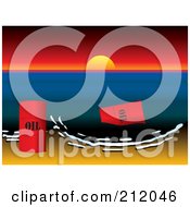 Royalty Free RF Clipart Illustration Of A Sun Setting Over Oil Barrels And Oily Surf Washing Up On A Beach by michaeltravers