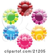 Clipart Illustration Of Red Purple Orange Pink Blue And Green Flower Icons In A Circle Over White