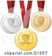 Poster, Art Print Of Gold Bronze And Silver Victory Medals For First Second And Third Place Hanging On Red Ribbons