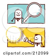 Royalty Free RF Clipart Illustration Of A Digital Collage Of Stick Business Men With A Magnifying Glass And Flashlight by NL shop
