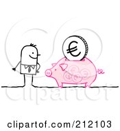 Poster, Art Print Of Stick Businessman With A Euro Coin In A Piggy Bank
